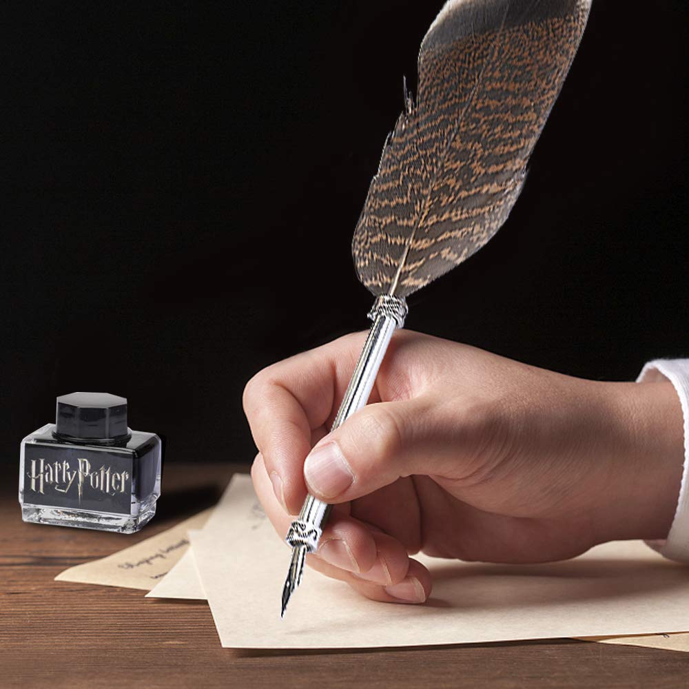 FunSponsor Antique Feather Dip Pen Set, Harry Potter Writing Quill Ink Dip Pen Set Great for Thanksgiving Day Christmas Gifts (Black)