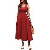 Mieazom Women Summer Sleeveless Casual Dresses Pleated Waist Elegant Midi A-Line Flowy Swing Dress Sundress with Pockets