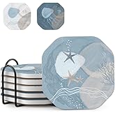 UMIRRO Ceramic Stone Coasters for Drinks Absorbent with Holder, Coastal Themed Design for Beach Lovers, Ocean Inspired Stoneware Cup Coasters for Wooden Coffee Table, 4", Octagonal, Blue, 6 Pack