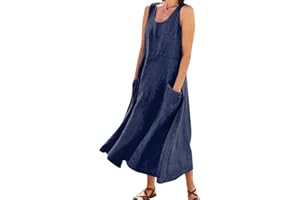 RDEGOOCHA Women 2024 Summer Tank Dress Sleeveless U Neck Printed/Solid Boho Beach Shirt Maxi Flowy Linen Cotton Dresses with Pocket