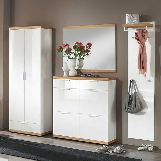 Pharao24 Dielenmobel In Weiss Hochglanz Eiche Furniert Amazon De Kuche Haushalt