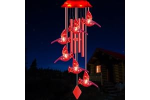Solar Wind Chimes for Outside - 37" WANQDG 6 LED Cardinal Bird Wind Chime Light with 4 Red Metal Tube, Music Wind Chimes Great as a Gift for Women mom Grandma Best Friends' Birthday Gift