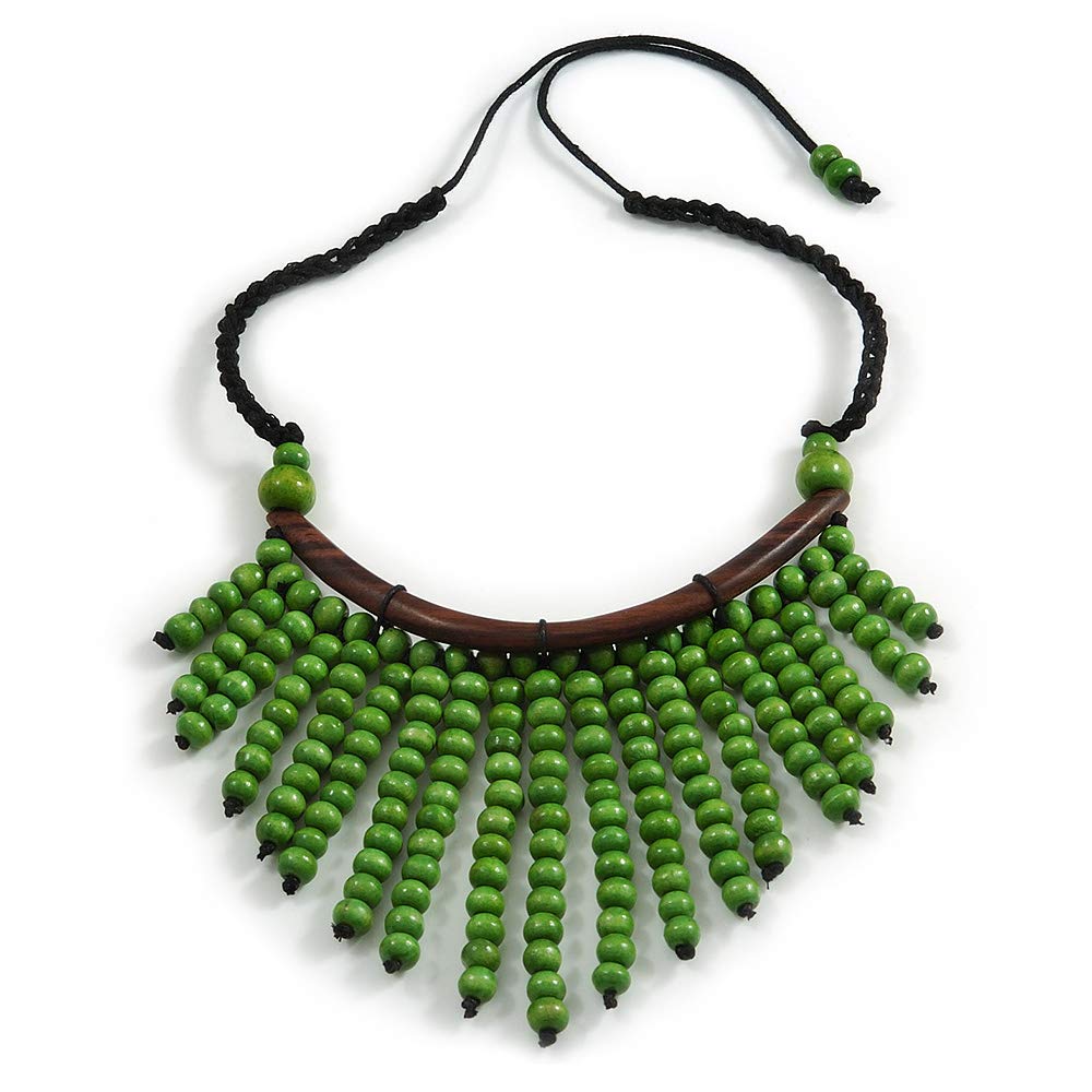 Avalaya Statement Lime Green Wooden Bead Fringe Black Cotton Cord Necklace - Adjustable