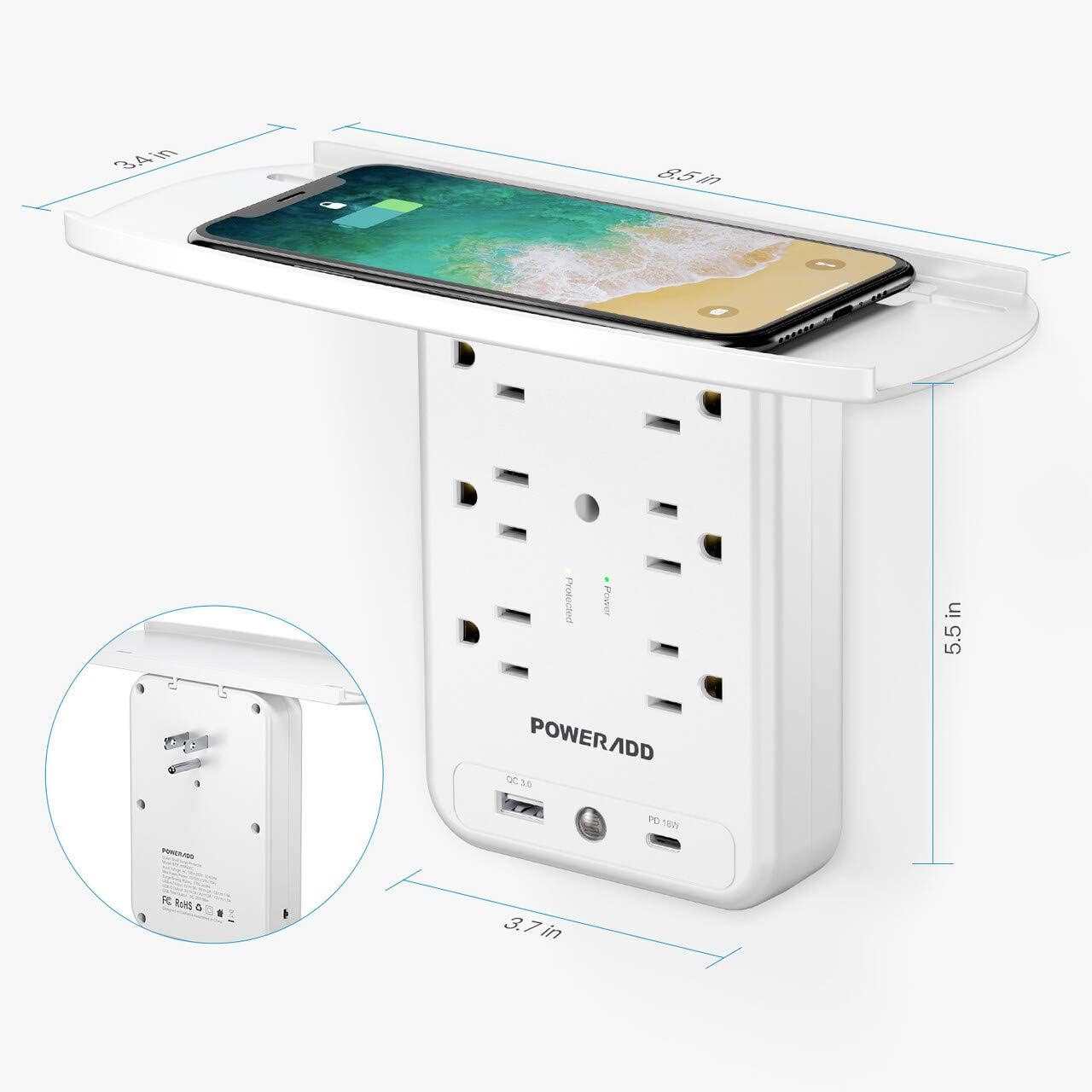 Socket Shelf Wall Outlet, POWERADD 6 Outlet Extender Surge Protector with USB C PD 18W Fast Charging Ports, Multi Plug Outlet with Removable Built-In Shelf and Smart Night Light for Bathroom/Home/Dorm: Home Audio & Theater