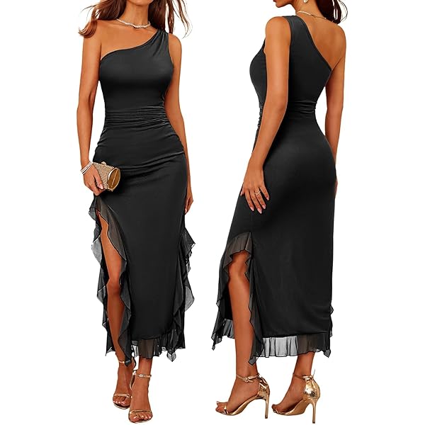 meilun One Shoulder Floral Dress for Women Cut Out Ruffle Boho Maxi Dress(A_floral3,XS)  at Amazon Women's Clothing store