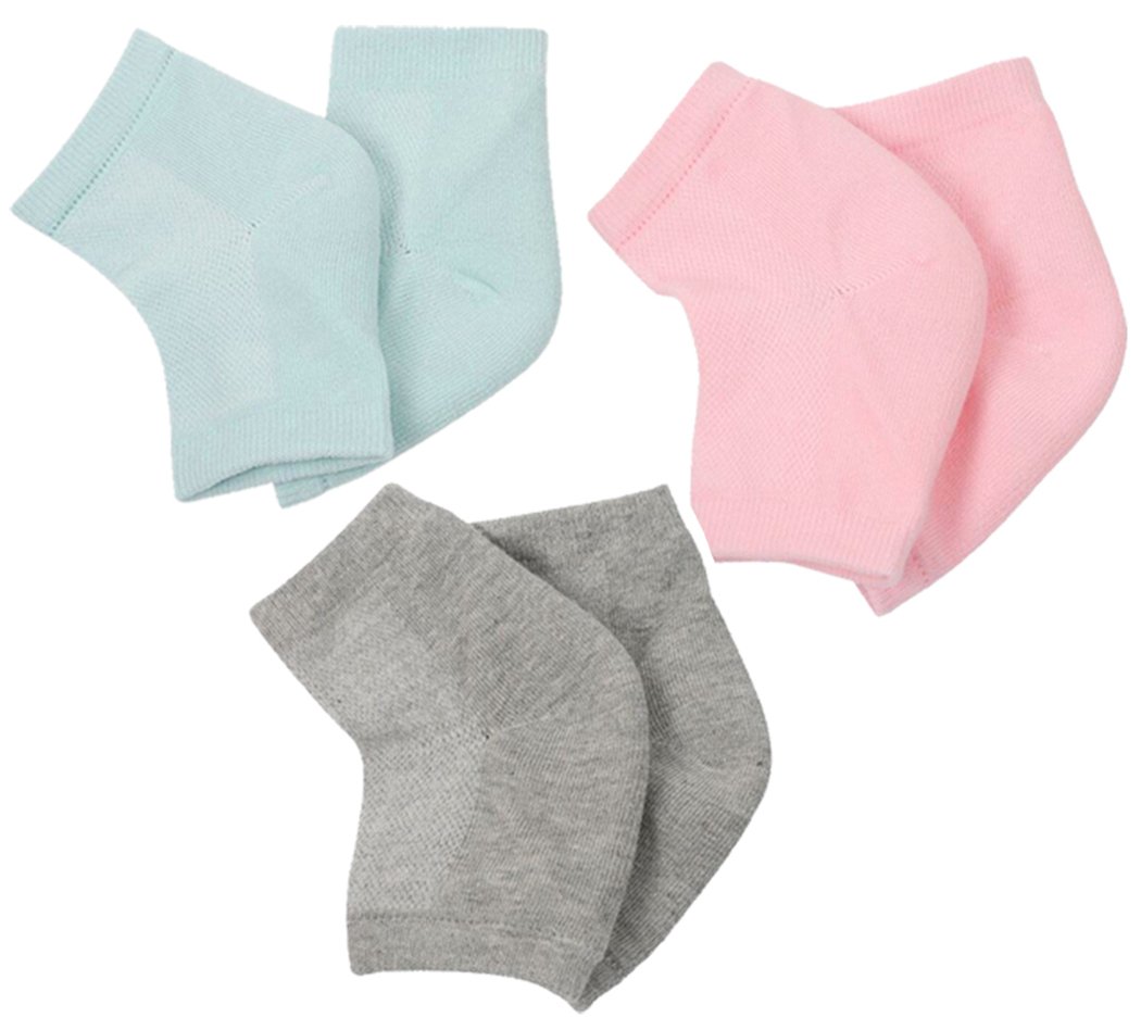 Xiaoyu Soft Ventilate Gel Heel Socks Open Toe Socks for Dry Hard Cracked Skin Moisturizing Day Night Care Skin, 3 Pairs (Pink, Grey, Cyan-Blue)