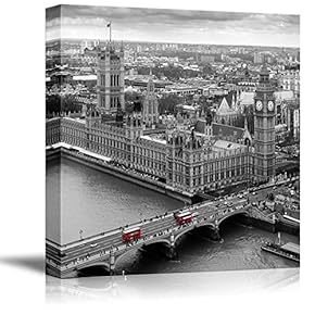 Black and White Photograph of London with Pop of Color on The Buses - Canvas Art Home Art - 12x12 inches