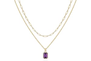 Vrsilver Layered Birthstone Necklace for Women Girls, Gold Silver Rose Gold Plated Layered Paperclip Chain Choker Necklace with Rectangle Birthstone Pendant Birthday Gifts for Women Girls Jewelry