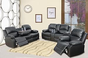 A Ainehome Living Room Furniture Set Leather Recliner Sofa Set Loveseat Chair Furniture Sofa Set for Living Room/Small Space/Rv/House/Office/Theater Seating (A-Black Leather, 3 Piece Set)