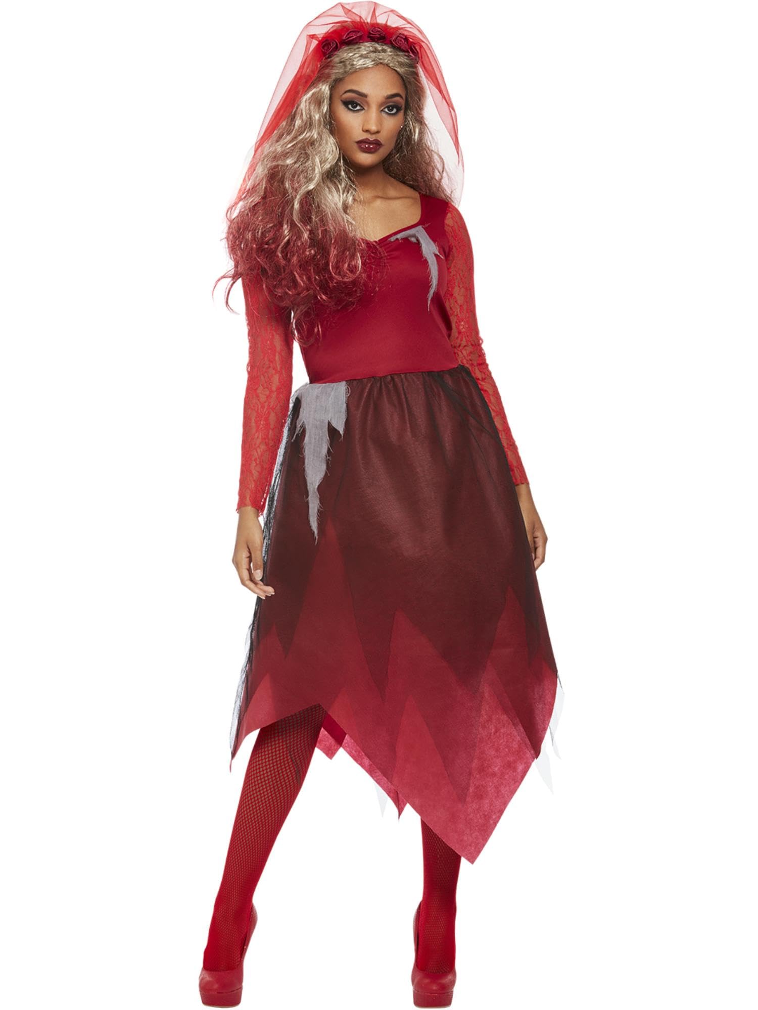 Smiffys Grave Yard Bride Costume, Red Dress & Veiled Headband, Halloween Adult Fancy Dress, Devil Dress Up Costumes