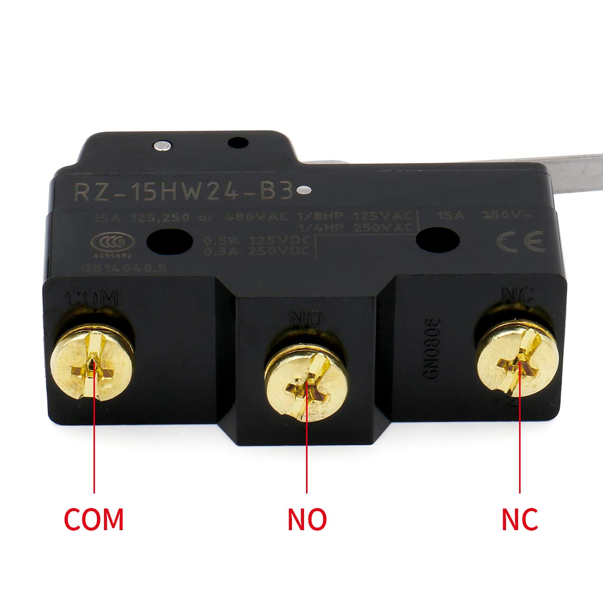 Heschen micro switch Z-15HW24-B low force hinge lever 3 screw terminal 15A rated current, black, Long Hinge Roller Lever (Z-15HW24-B) - Image 5