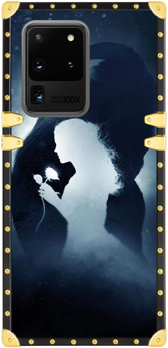 DISNEY COLLECTION Luxury Square Metal Decorative Phone Case for Samsung Galaxy S20 Ultra 5G Beauty and The Beast Movie Poster Shockproof Full-Body Protection Phone Cover