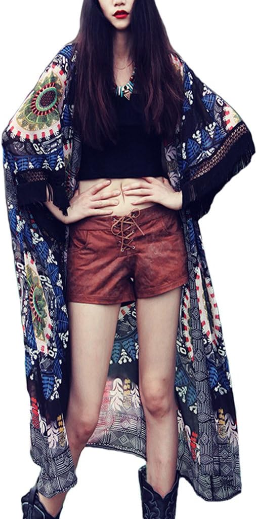 Ourlove Fashion Womens Chiffon Floral Kimono Cardigan Boho Long Shawl Bikini Cover up Loose Tops Blouse Outwear (Black (Floral))