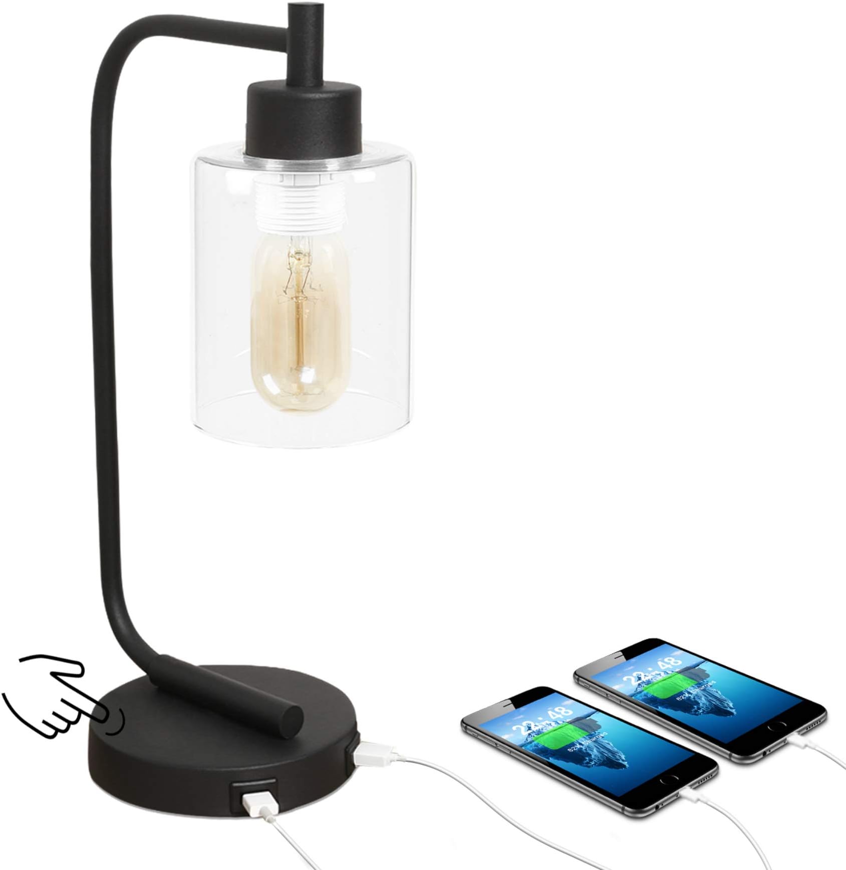Industrial Lamp with USB Ports - Innqoo 3-Way Dimmable Touch Lamp with Edison Bulb, Modern Industrial Table Lamp with Clear Glass Shade, Vintage Lamp for Bedroom Living Room and Dorm