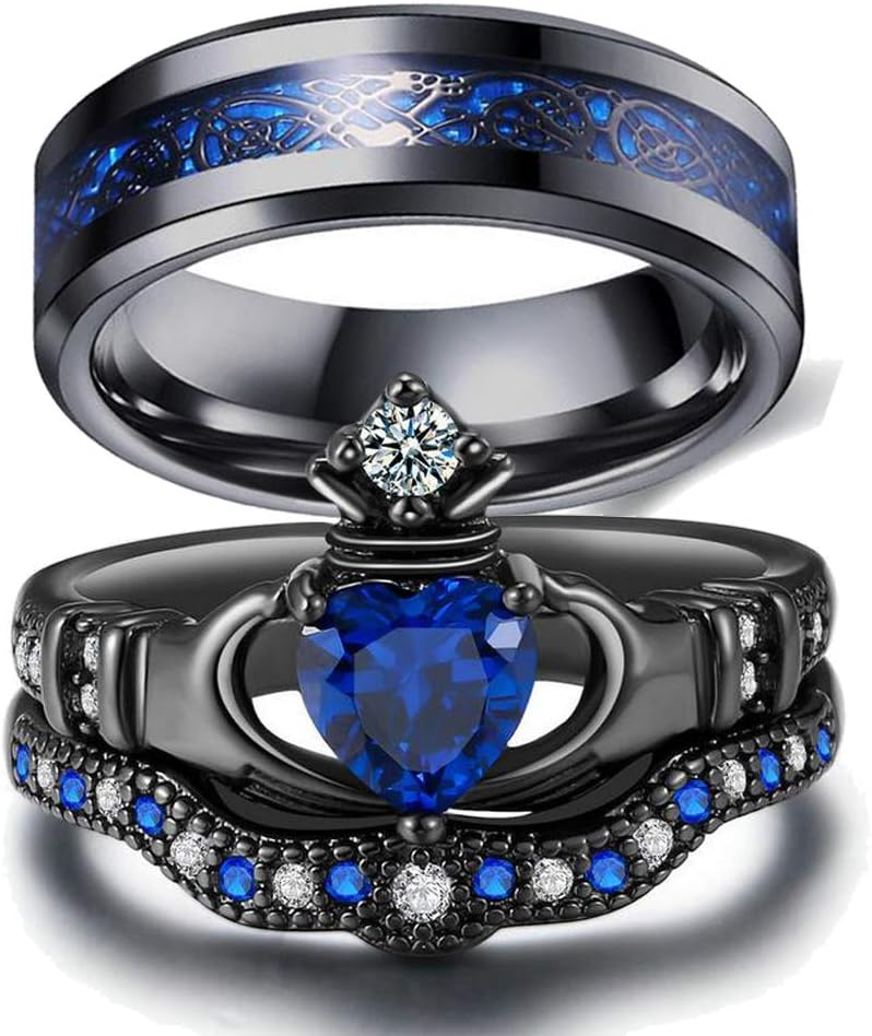 Couple Ring Bridal Set His Hers Black Claddagh Ring Heart Shape Rhinestone Stacking Irish Ring Stainless Steel Wedding Ring Band