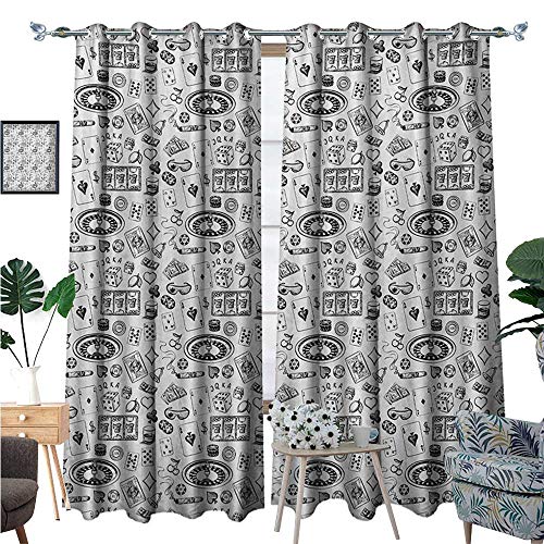 BlountDecor Casino Thermal Insulating Blackout Curtain Hand Drawn Style Monochrome Pattern with Roulette Cards Cigar Whisky Chip Money Patterned Drape for Glass Door W108 x L84 Black White