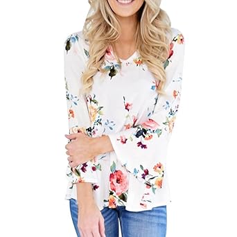 Langarmshirt Damen,Innerternet Damen Langarm Blumenmuster T-Shirt Elegant Lose V-Ausschnitt T-Shirt Sweatshirt Bluse Casual L