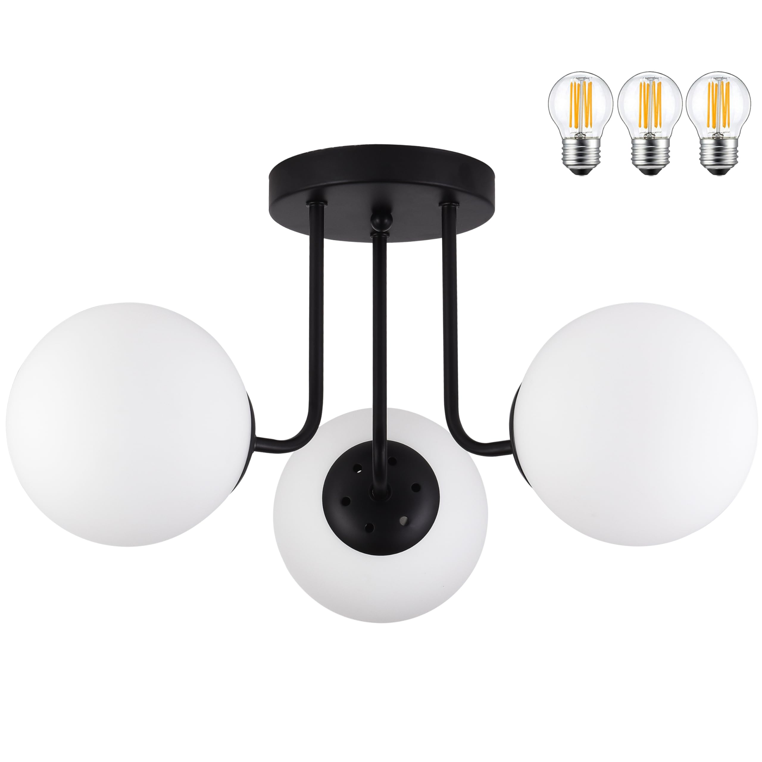 Photo 1 of KoKo&Yukina 3-Light Semi Flush Mount Ceiling Light Globe Lights Mid Century Ceiling Light with Opal Milk Glass Globe & Matte Black for Bedroom Hallway Entryway Kitchen Living Room (Bulb Incl.)