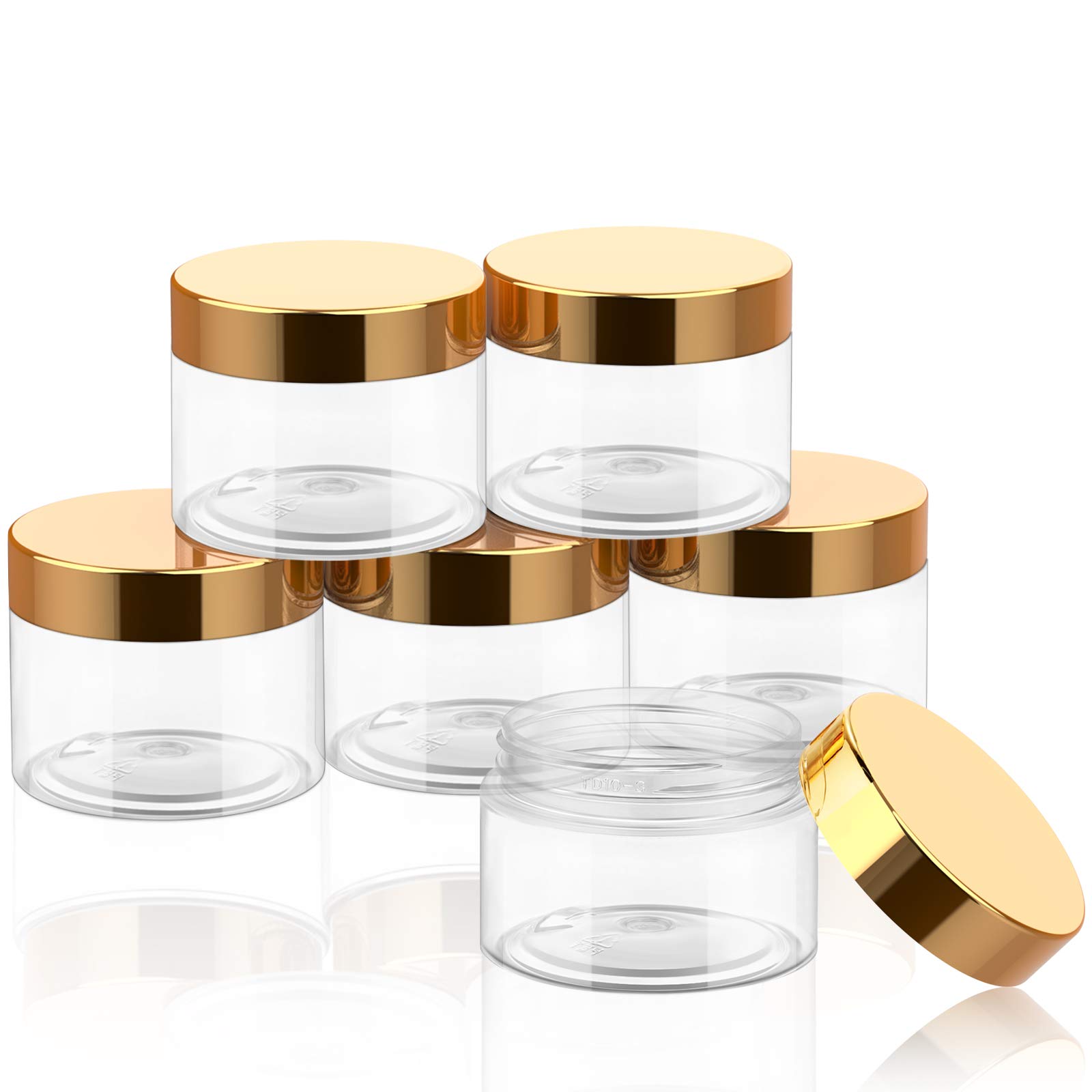 Photo 1 of **Missing peices* SATINIOR 6 Pack 10 oz Plastic Jars Containers with Lids Wide-mouth Refillable Leakproof Reusable Round Empty Jars for Travel Cosmetic Dry Food Spice Cookie Candy Home Kitchen Organizing(Gold)