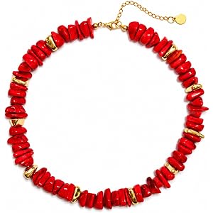 Velmora Red Beaded Necklace for Women, Chunky Statement Necklace | Glossy coral-red Acrylic chip beads with gold-tone accents