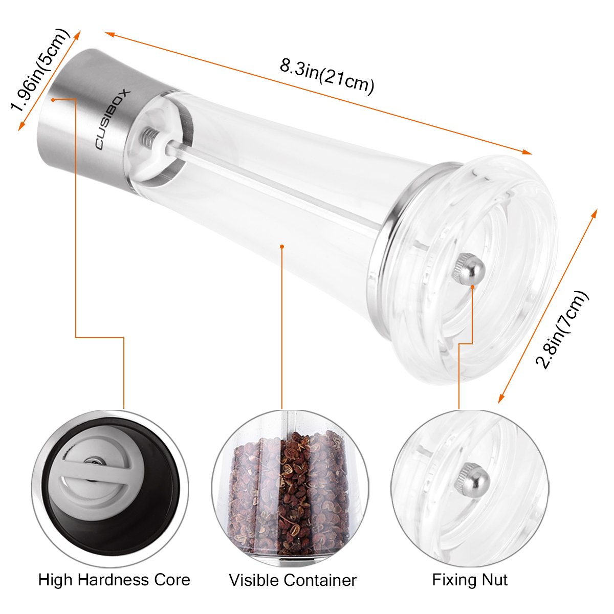 Manual Salt or Pepper Grinder, CUSIBOX Stainless Steel Salt and Pepper Mill Grinder Shaker with Adjustable Coarseness