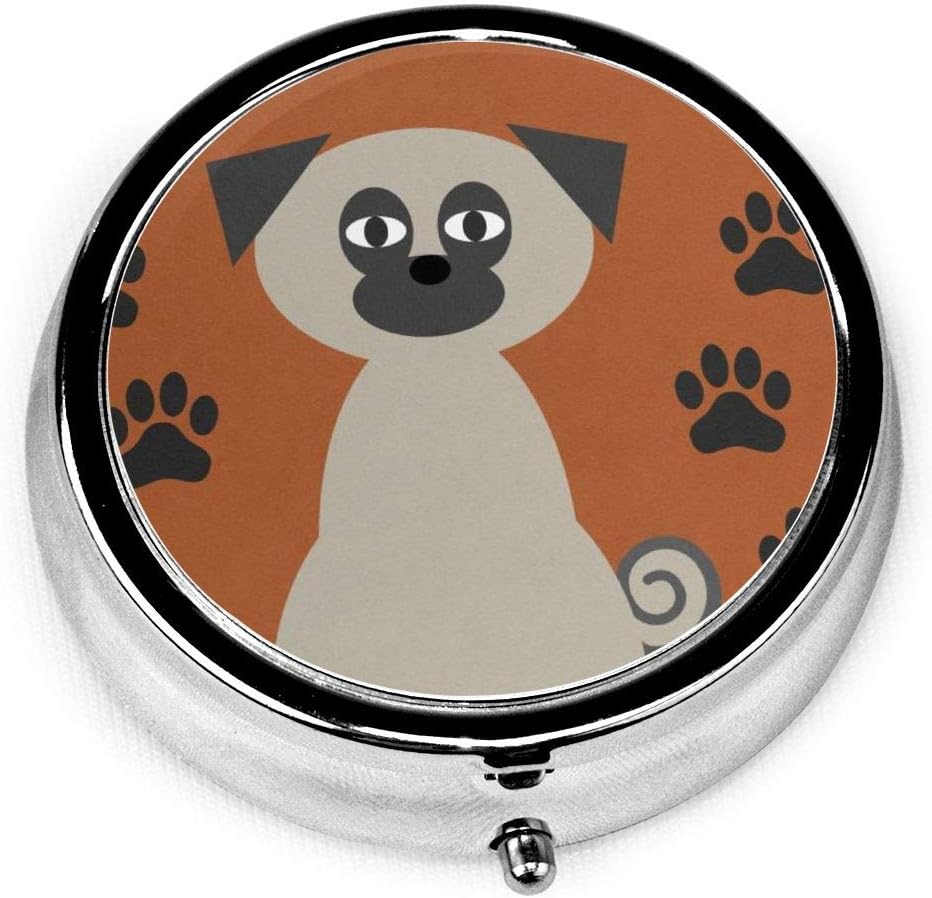 Chug The Pug Round Silver Pill Box Pocket 2 Inches Medicine Tablet Holder Organizer Case for Purse