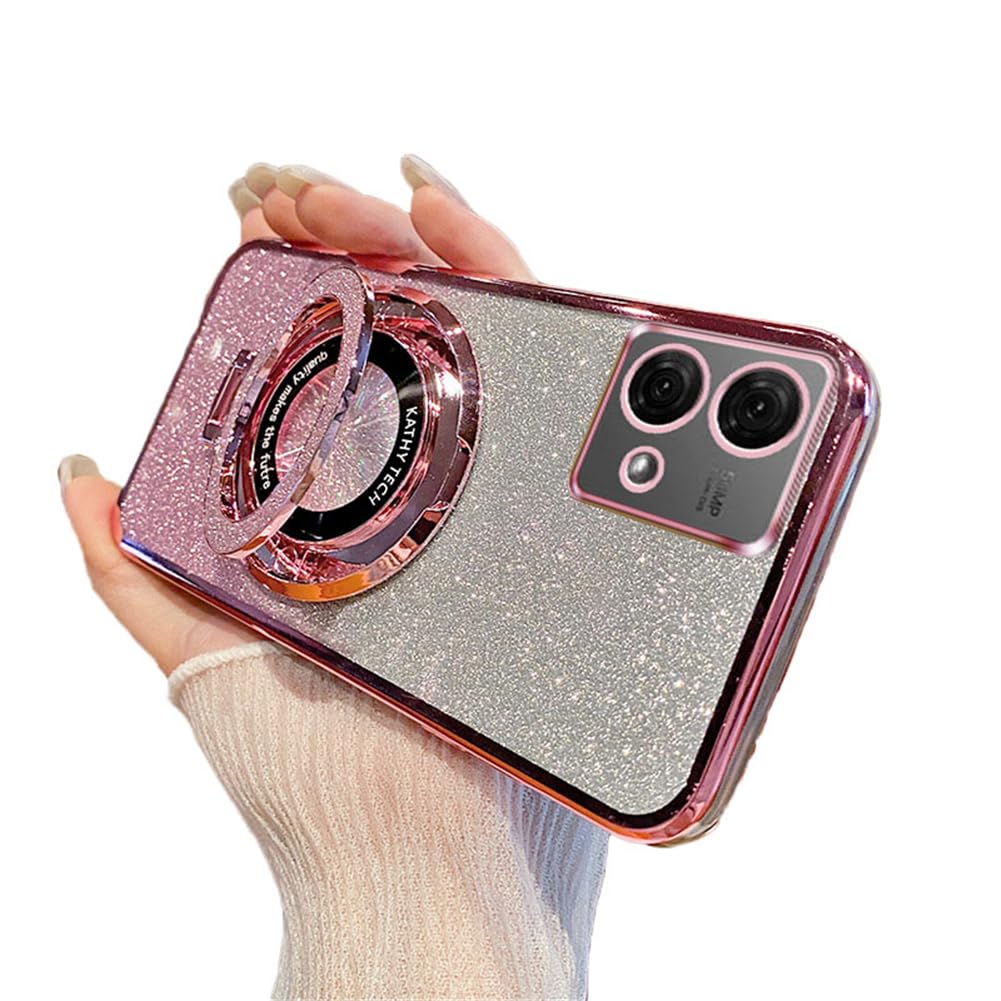 IMEIKONST Case Compatible with Motorola Moto G84, Gradient Glitter Ring Kickstand Case for Girls Women Lens Protection Shockproof TPU Rubber Bumper Cover for Moto G84. Rose Gold DS1