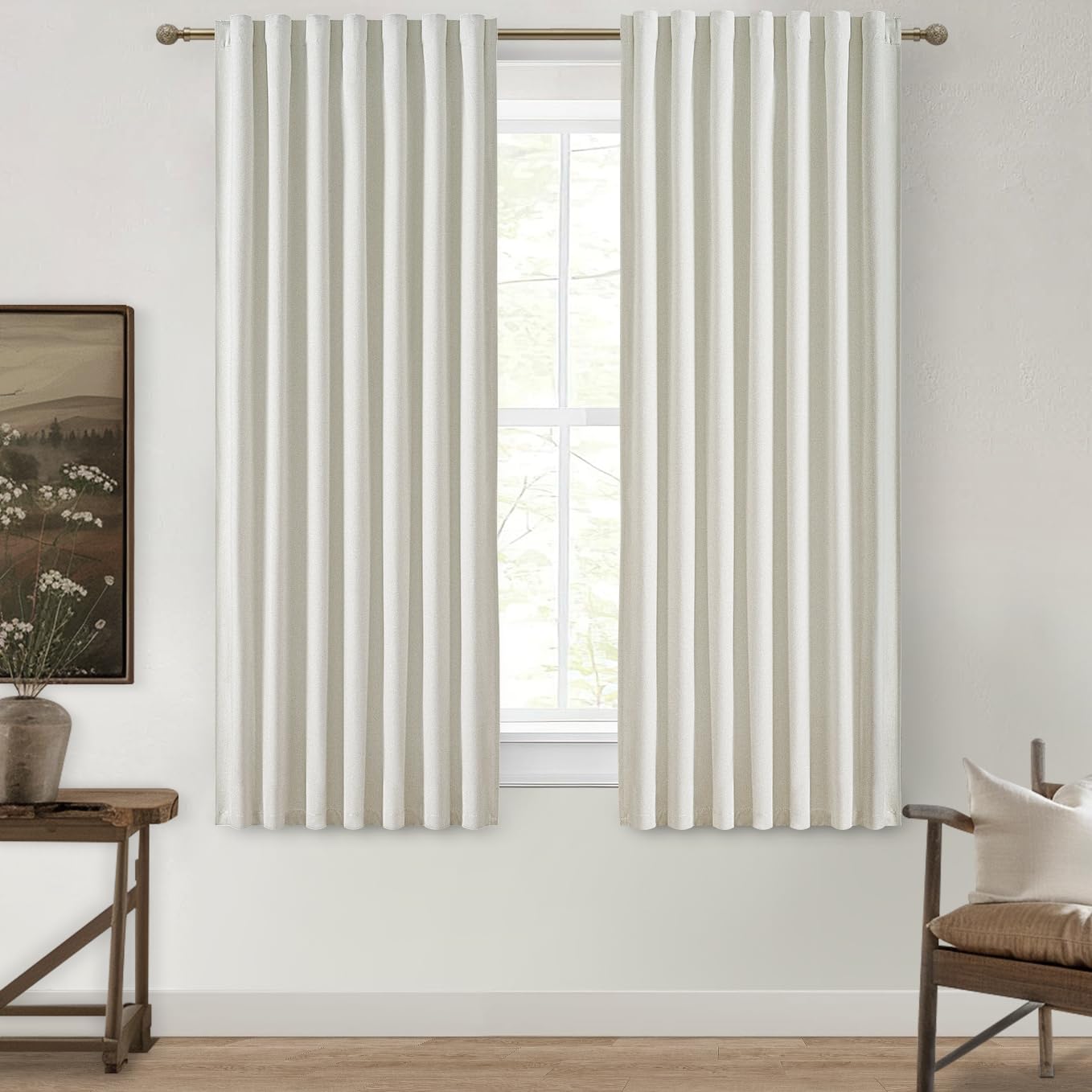 Photo 1 of QJmydeco Pleated Curtains with Pin Hooks Linen Kitchen 45 Inch Length 2 Panels Set, Blackout Curtains with Rings Back Tab for Small Window Soundproof Heat Blocking Drapes (BeigeWhite W50 xL45)