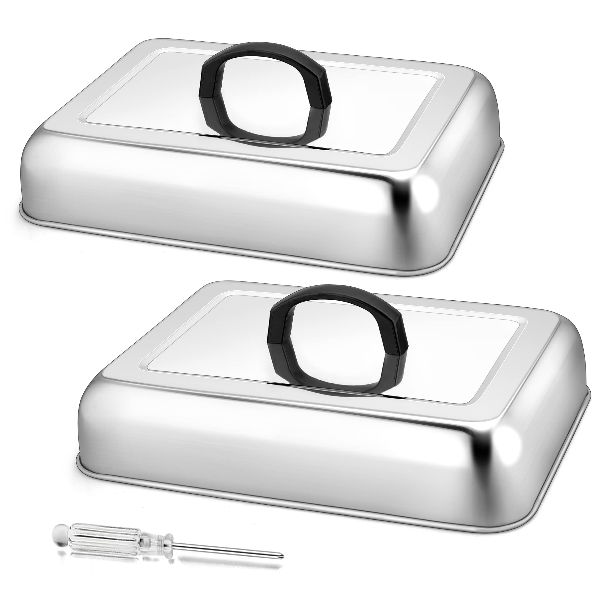 Herogo Cheese Melting Dome Set of 2, Rectangular Stainless Steel Steam Basting Cover with Heat Proof Handle, Ideal for BBQ Flat Top Griddle Grill Kitchen, Dishwasher Safe