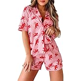NUFIWI Women Heart Print Silk Pajama Shorts Set Satin Short Sleeve Button Up Shirt Shorts Pjs Valentines Sleepwear Loungewear