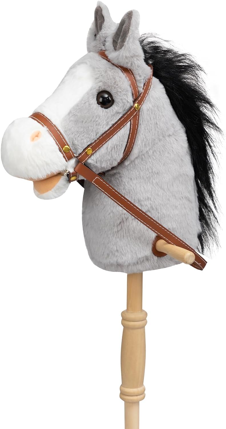 HollyHOME Stick Horse with Wood Wheels Real Pony Neighing and Galloping Sounds Plush Hobby Horse Toy, 91cm, Grey (AA Batteries Required)
