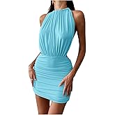 SweatyRocks Women's Backless Halter Cocktail Dress Sleeveless Ruched Bodycon Mini Dress Party Clubwear