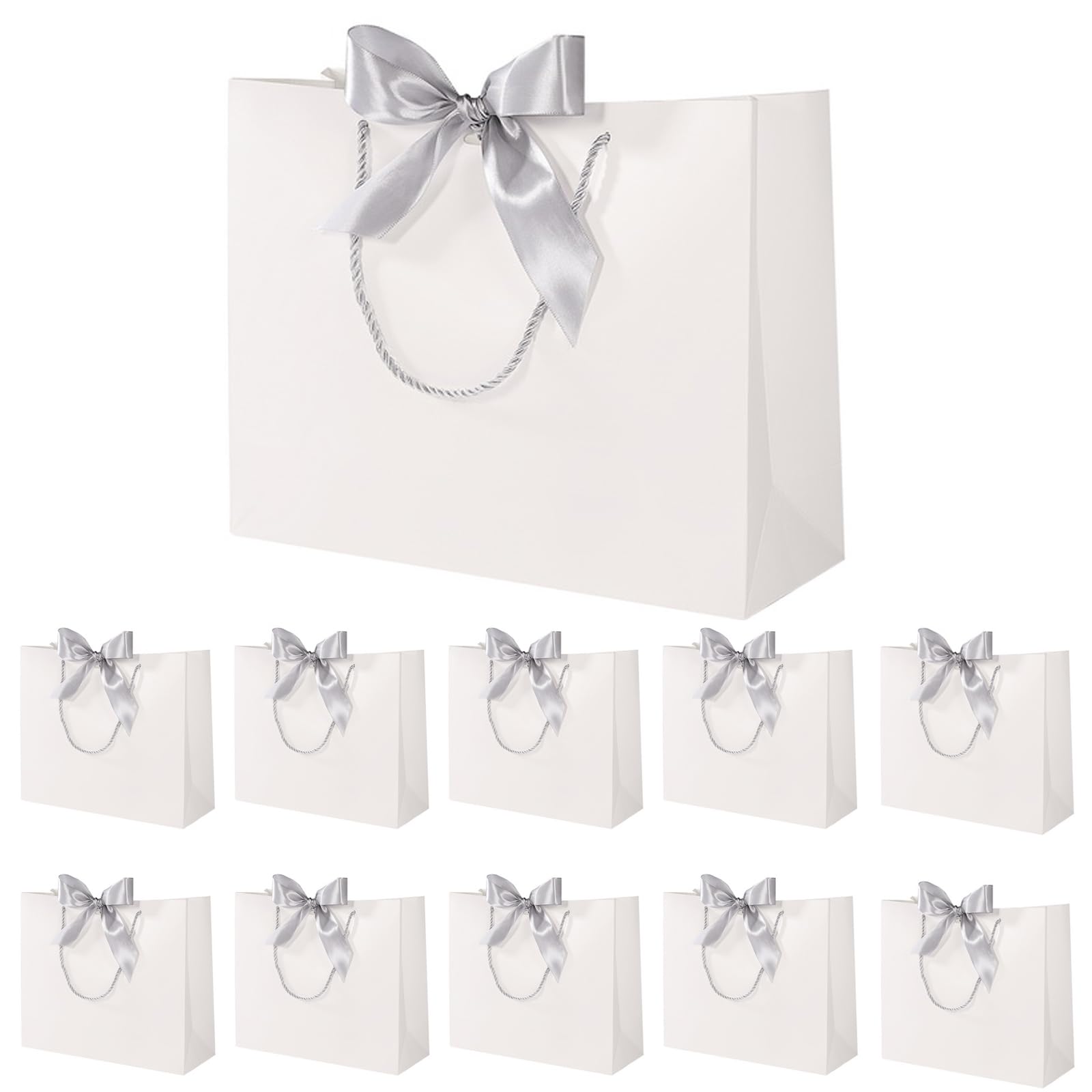 10 Pcs Mother's Day Gift Bags with Silver Bow Ribbon, Paper Party Favor Prensent Bag with Handles for Wedding Graduation Birthday Party Celebration, 12.5x10x4.3 Inches