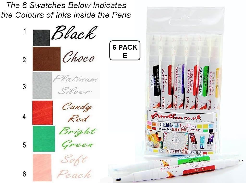 6 Pack E - in A Clear Handy Plastic Pouch - Food Colouring Pens Double Sided- 2.5mm Thick Nib & 0.5mm Fine Nib (6 Pack E)
