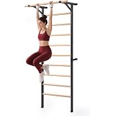 Morohope Solid Beechwood Stall Bar, 90" Swedish Ladder Wall Gym with Pull-up Bar &amp; Dip Station, 220lbs Capacity Wall Mounted Gymnastics Ladder for Home Gym Training, Stretching &amp; Bodyweight Exercise