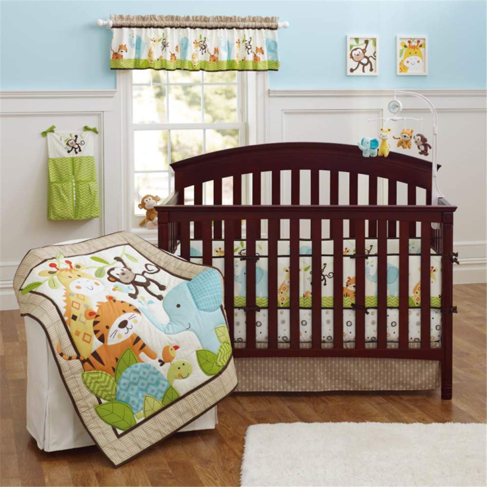 Spring Baby Crib Bedding Set 9 Piece Nursery Crib Bedding Set for Baby Boys and Girls, Including Comforter, Crib Sheet, Crib Skirt, Bumpers, Window Valance, Diaper Stacker(Forest Animals-9 Piece)