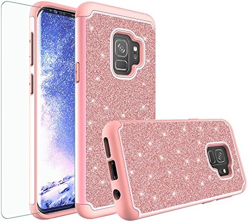 [GW USA] Compatible for Samsung Galaxy S9 Plus / S9+ Case, Bling Glitter Hybrid Case with [HD Screen Protector] Dual Layer Protective Phone Case Cover for Girls Women (Rose Gold)