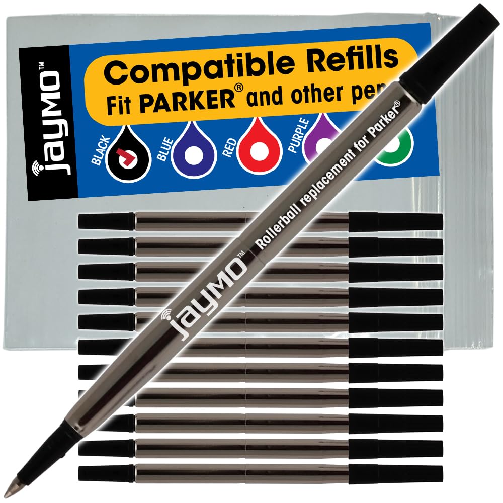 Jaymo Replacement for Parker Quink 1950323 - Measures 4.56 in / 116 mm Long - Rollerball Pen Refill - 12 Black