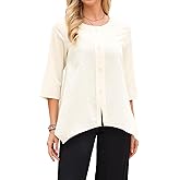 Seta T Women's High Low Tops 3/4 Sleeve Crewneck Casual Button Decor Asymmetrical Hem Loose Blouse
