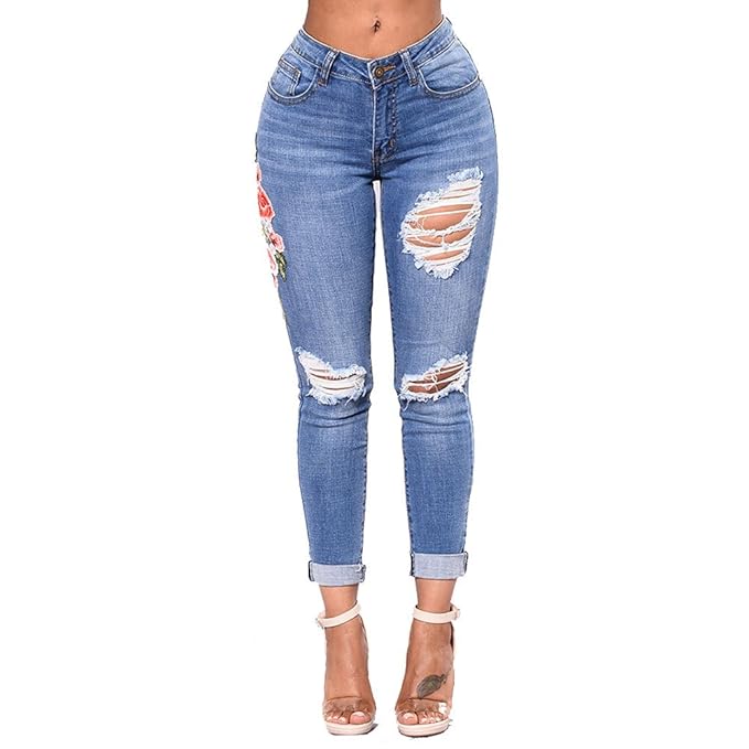 Hienaj Women S Rose Embroidered Skinny Jeans Ripped Slim High