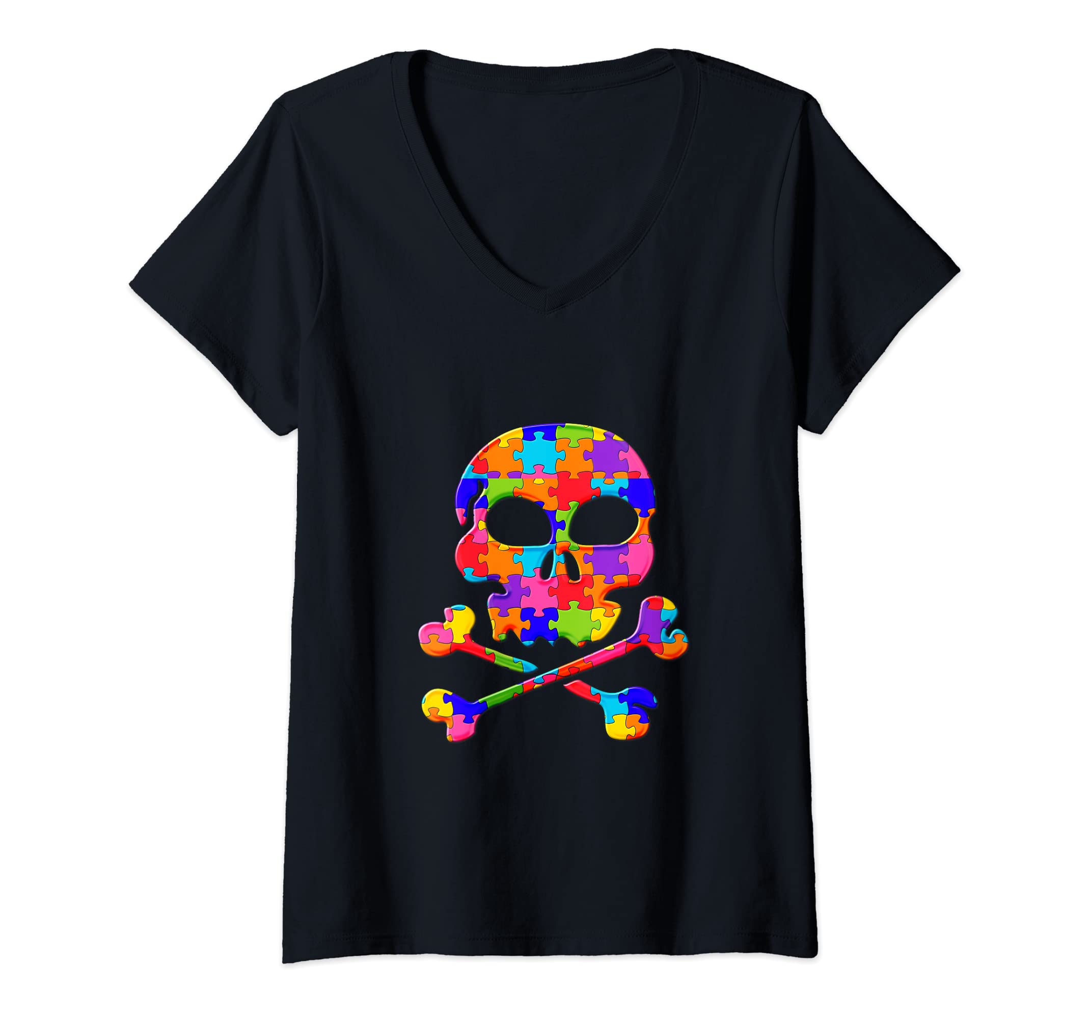 Womens Skull Death, Pirate Bone Puzzle Autism Puzzle V-Neck T-Shirt