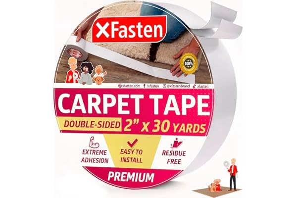 XFasten Double Sided Carpet Tape for Area Rugs 2 Inch x 30 Yards, Residue-Free Carpet Tiles Tape, Removable Heavy-Duty Rug Pa