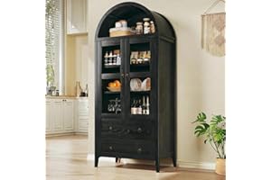 HUAHUU 71" Tall Arched Kitchen Pantry, Arched Cabinet, Kitchen Storage Cabinets with 2 Large Drawers & Adjustable Shelves & Glass Door for Living Room, Dining Room, Black