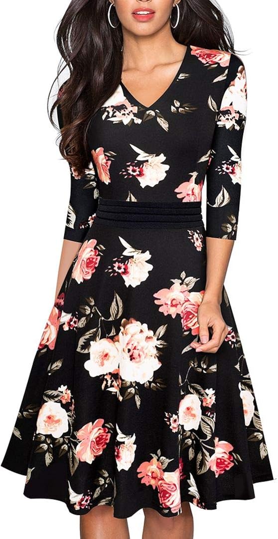 HOMEYEE Women's Chic V-Neck Lace Patchwork Flare Party Dress A062: Clothing