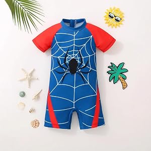 Toddler Baby Boys One Piece Swimsuit, Short Sleeve Cute Spider Print Color Block Summer Bathing Suit