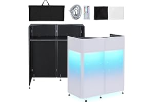 Kokorona Portable DJ Booth 20"x42.5"x45.3" with Dual Top Corners, DJ Facade Booth with Cable Hole, DJ Table Stand with Light Strip and Remote Control, Metal Frame + Black & White Scrims + Carry Bag