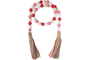 SFONI Valentine's Day Wood Bead Garland with Tassel, Valentines Tiered Tray Decor Rustic White Red Wooden Beads Ornaments Home Wall Hanging Decoration Valentine's Day Proposal Wedding Garland, 33.5"