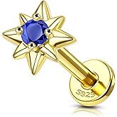 COCHARM 14K Gold Plated Cartilage Earrings Stud 16G 925 Sterling Silver Helix Tragus Earrings for Women Blue CZ Flat Back Earrings Internally Thread