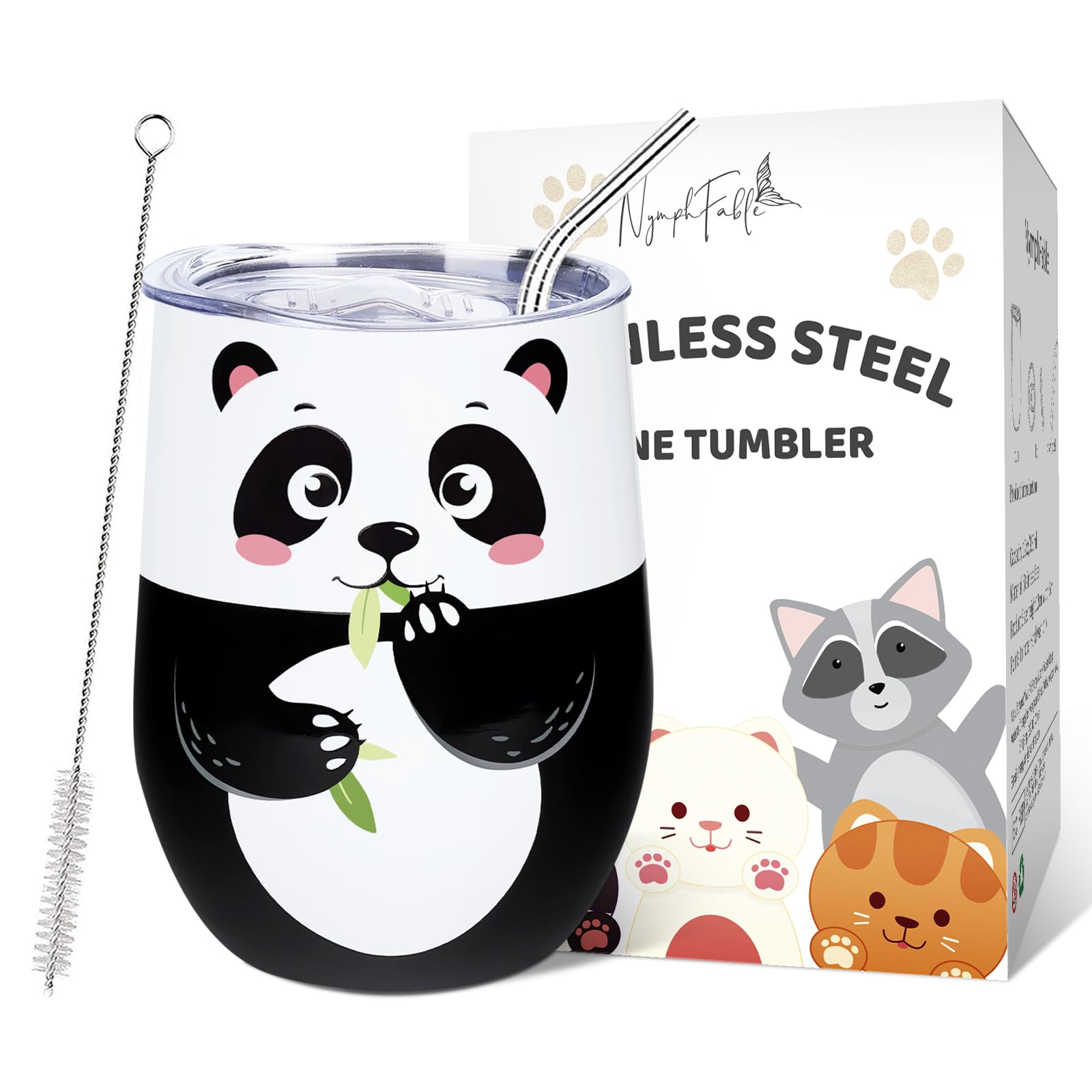 NymphFable 12oz Panda Insulated Tumbler with Lid and Straw Stainless Steel Wine Tumbler, Stemless Wine Glass Coffee Mug