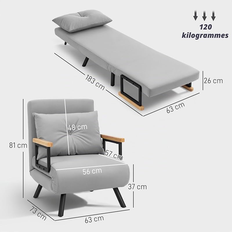 Canapé-lit 1 Place HOMCOM 4-en-1 Pliable 63x73x81 cm, Gris Clair